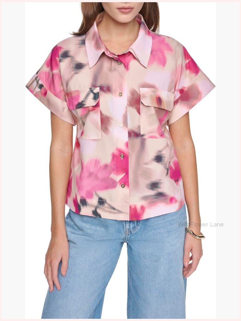 Women's Floral Short Sleeve Button Down Shirt